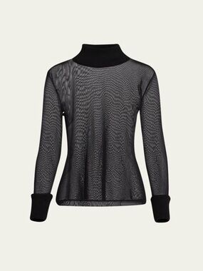Brandon Maxwell The Lyle Sheer Mock Neck Top Size Large Black See Through Mesh